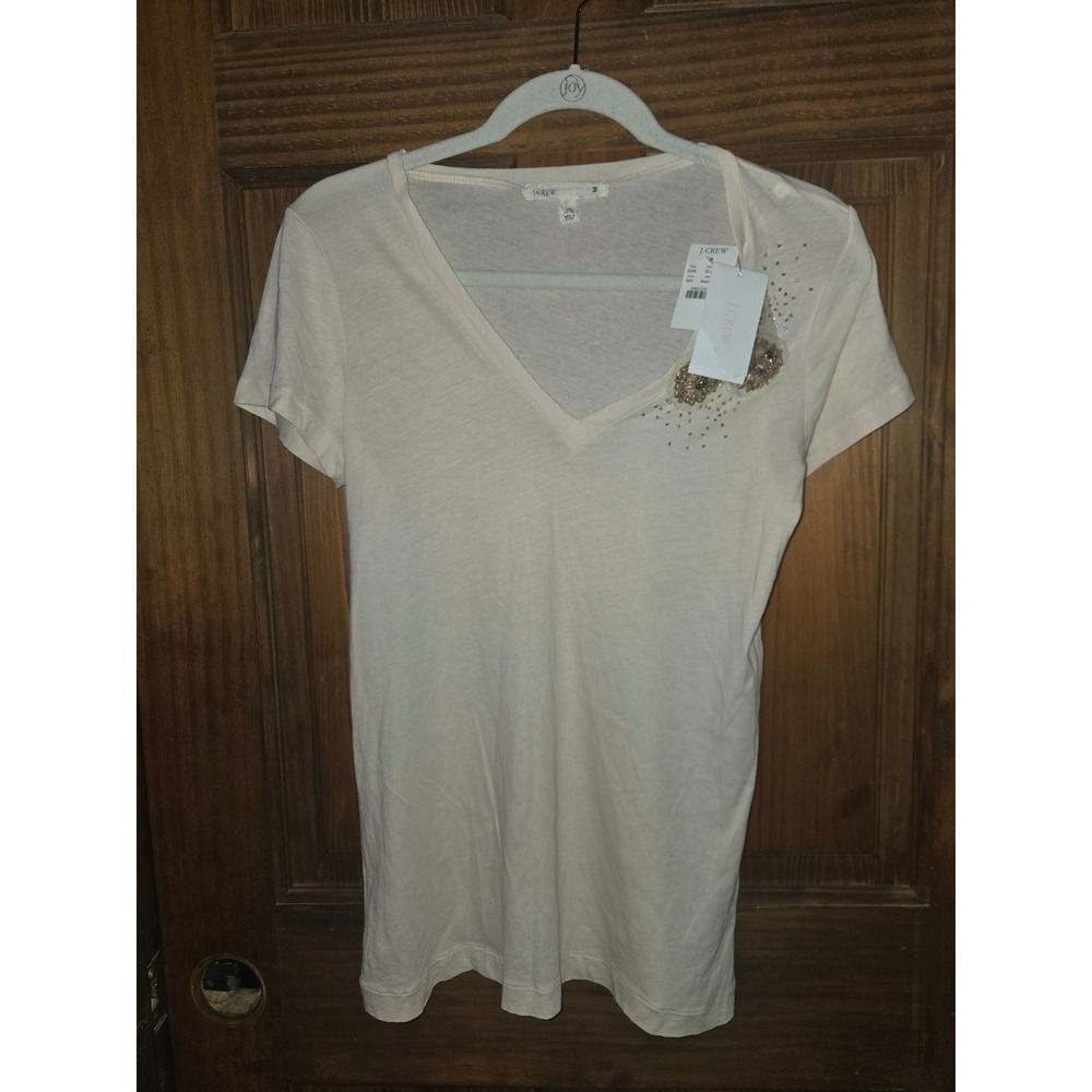 J.Crew Womens Ivory Embellished Floral Beaded V-Neck Cotton T-Shirt Size M NEW - Picture 3 of 6